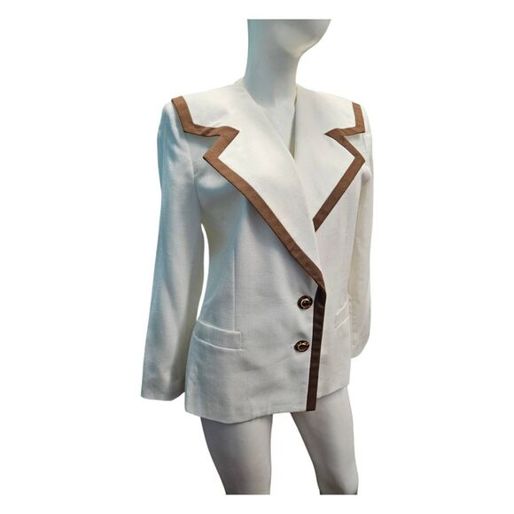 Le Suit Vintage 80's Suit Jacket Blazer Womens Size Large Off White Brown Trim - Picture 2 of 9